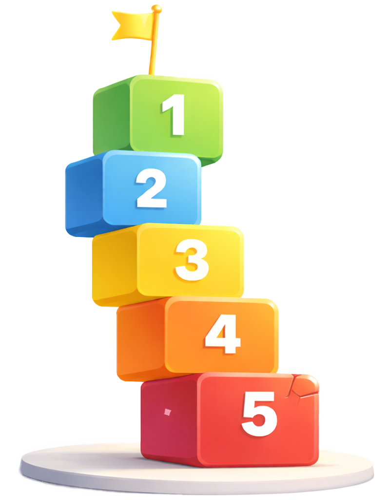 Colorful ranking blocks 1-5 stacked with a flag on top